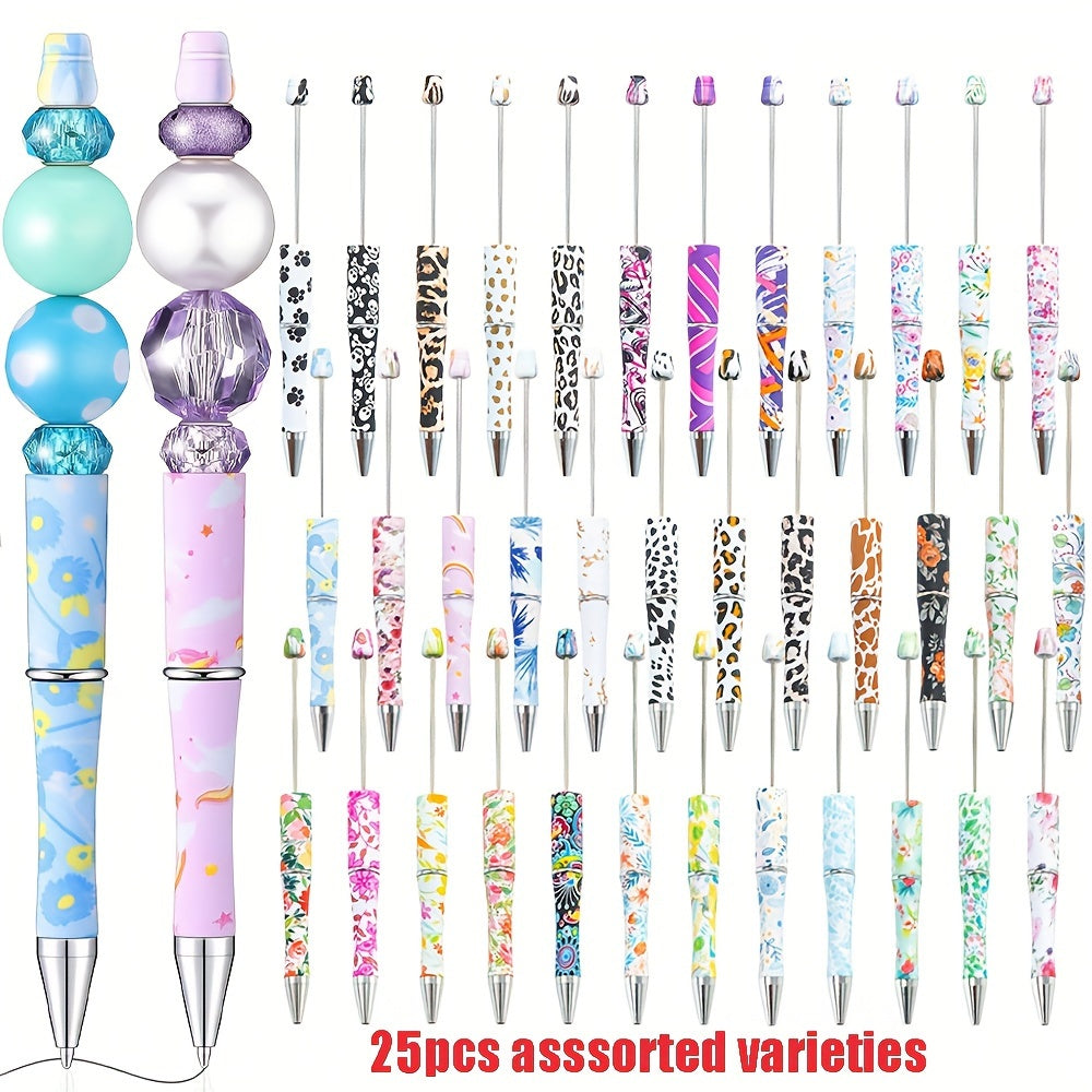 TEMU 25pcs Plastic Beadable Pens Mixed Floral Plants Bead Ballpoint Pen Diy With Black Ink Office School Graduation Supplies