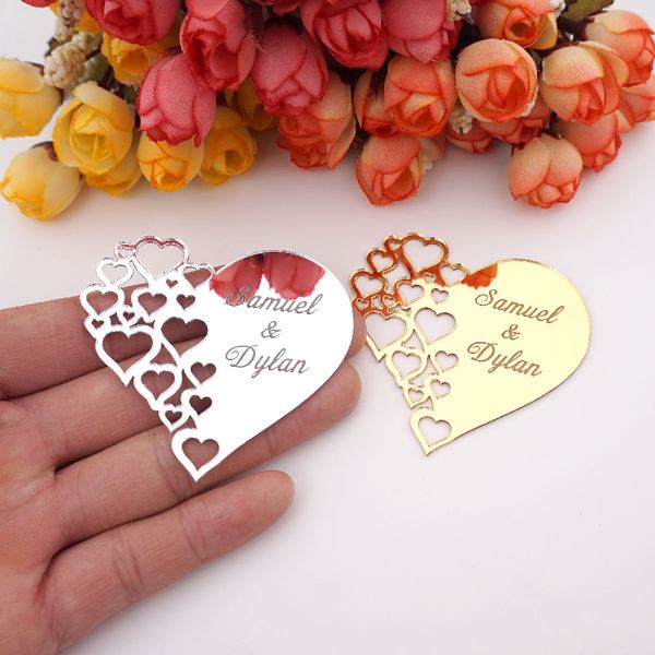 30 Pieces Personalized 6*6.5cm Mirror Heart Stickers Wedding Decor Favors Acrylic For Custom Lover Name Engagement Party Favors