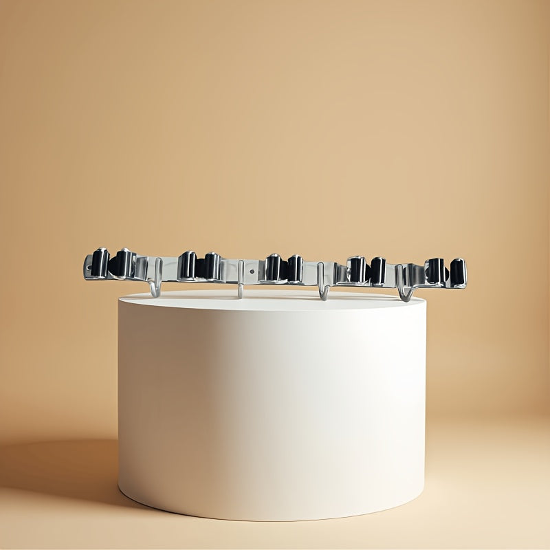 TEMU 5 Clips And 4 Hooks Mop And Broom Holder Wall-mounted, Broom Storage Tool Rack Stainless Steel Heavy Duty Hooks Self-adhesive Solid Non-slip