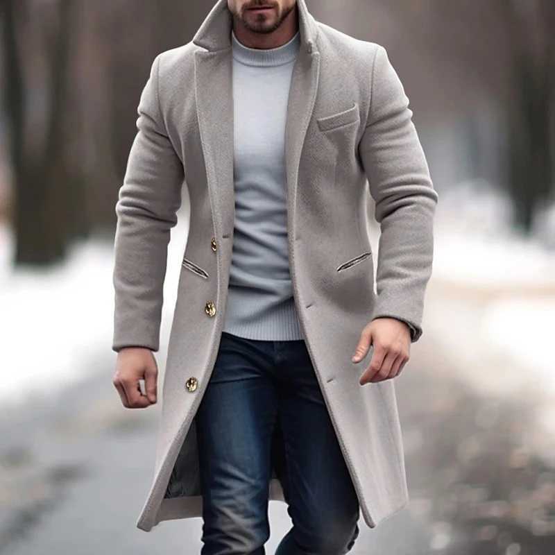 New mens mid length woolen coat winter mens single breasted wool coat 2024 mens suit collar solid color office pocket jacketXJ240822