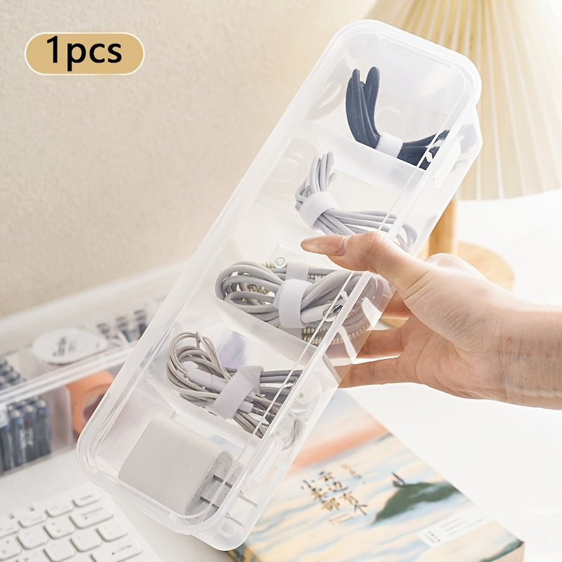 TEMU Stackable Transparent Plastic Organizer Box With Lid, Multi-compartment Cable Management, Desk And Office Supplies Storage, Jewelry And Card