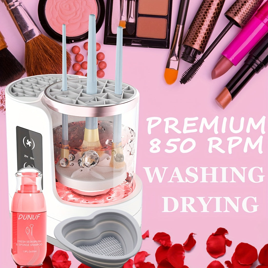TEMU Valentine's Day 3-in-1 Electric Makeup Brush Cleaner & Dryer Automatic Deep Cleaning Machine For All Makeup Brushes, Fast Drying, With Cleaning