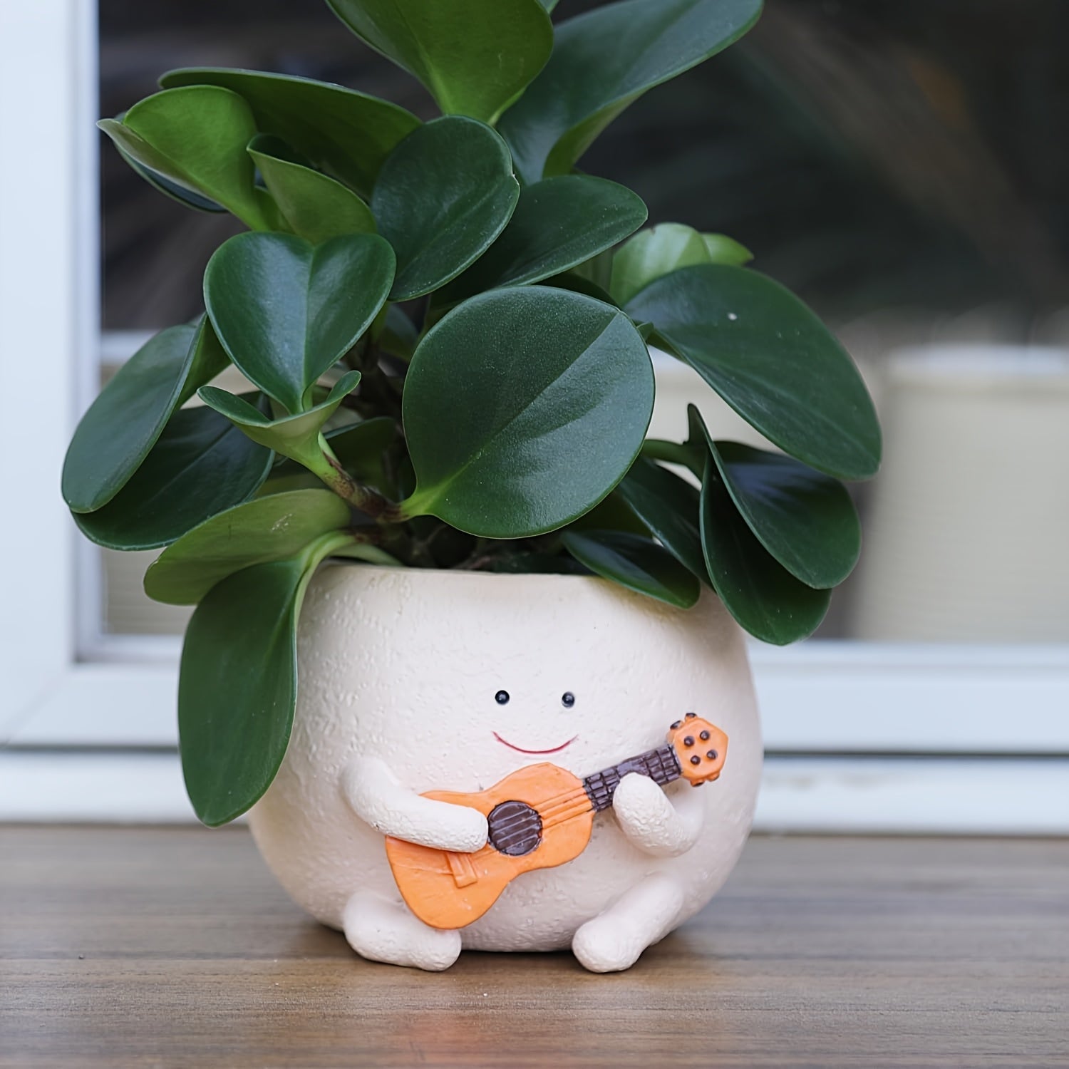 TEMU Elegant Resin Planter Featuring A Guitar-playing Figurine Design, Complete With Drainage Holes For Indoor And Outdoor Potted Plants Such As