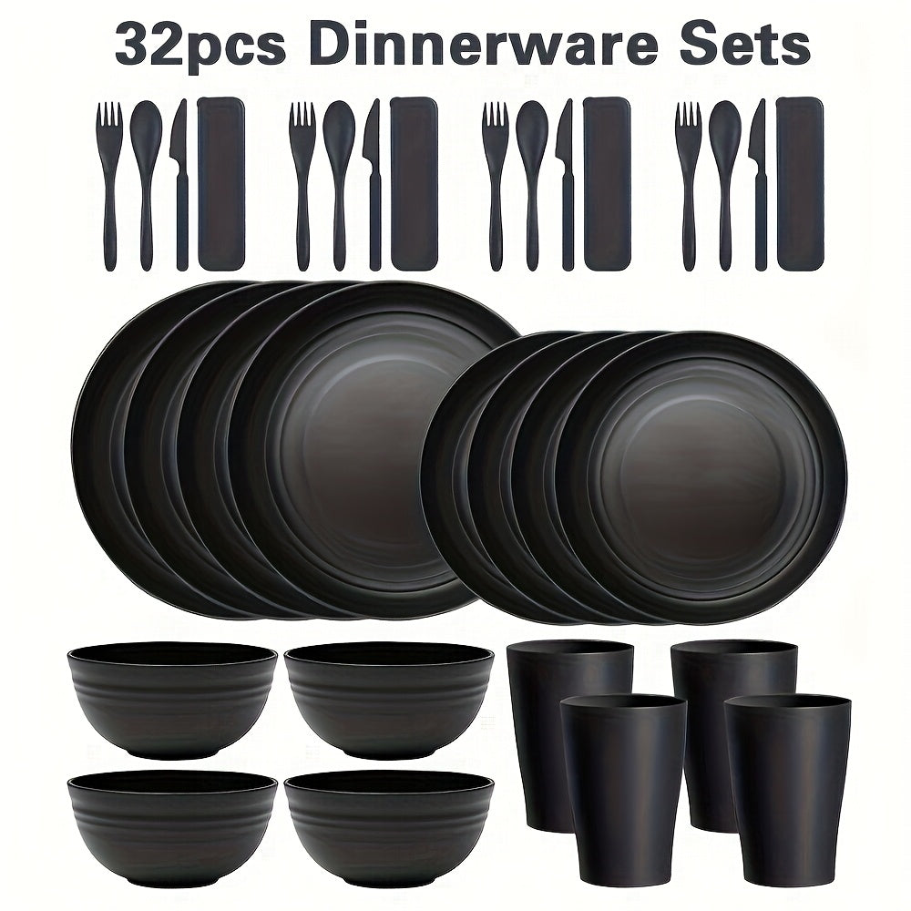 TEMU 32pcs Wheat Straw Dinnerware Sets - Durable, Unbreakable Black Plastic Tableware Including Plates, Bowls, Cups & Cutlery, Microwave- Dishwasher