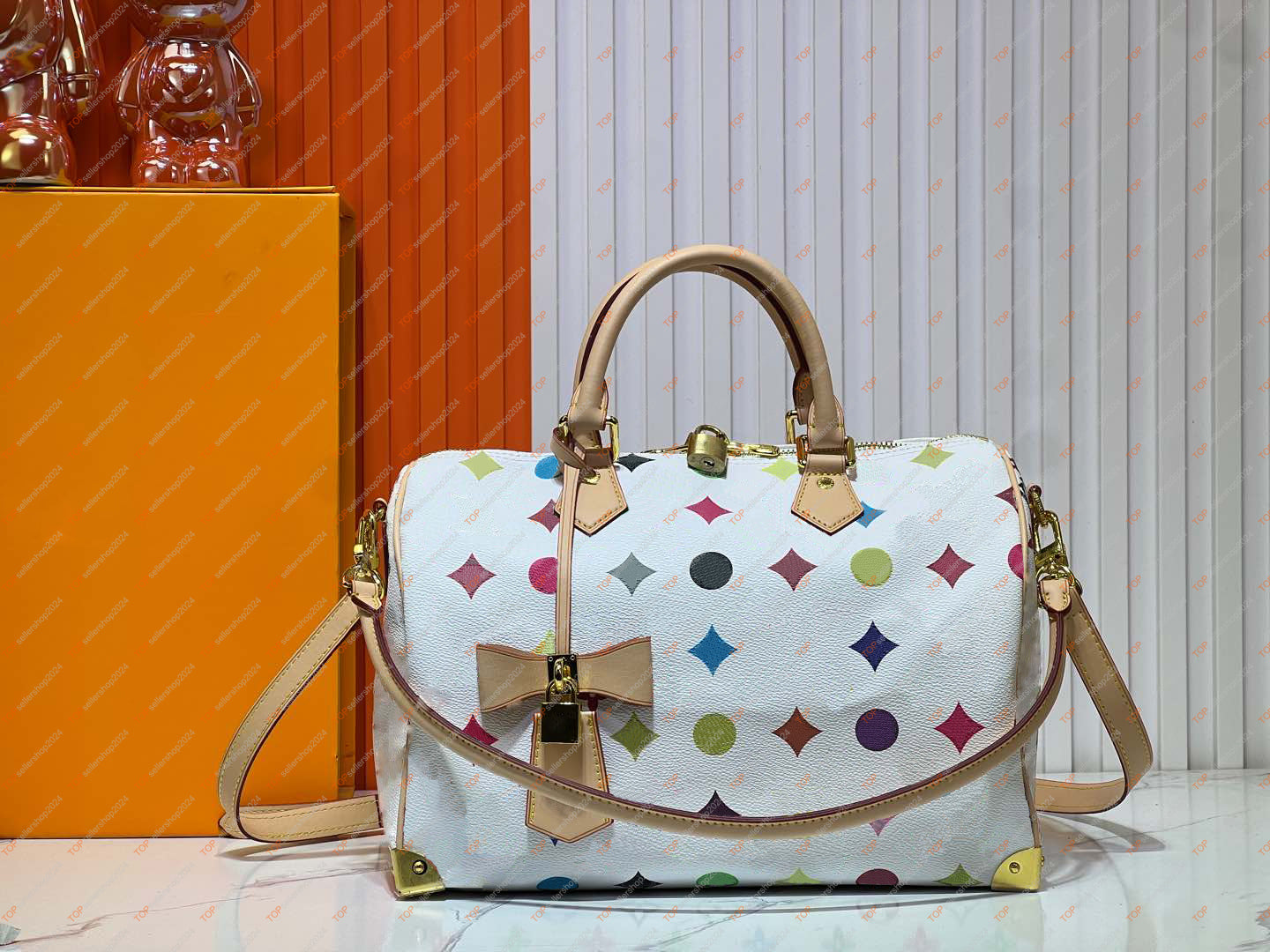 Murakami Bag Speedys Soft 30 Designer Bag Women&#039;s Boston Shoulder Bag High Quality Colored Canvas Leather Women&#039;s Handbag Bow Decoration C