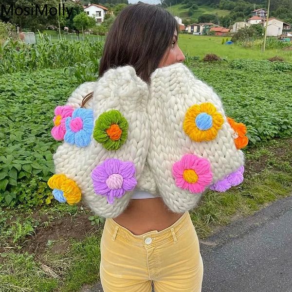Women&#039;s Knits Tees MosiMolly Cardigan Women Sweater Handmade Flower Jumper Knitting Coats Outerwear 230919