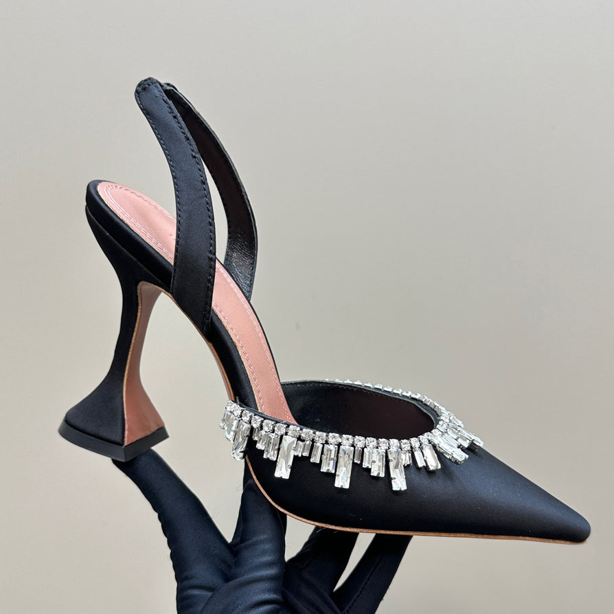 Sandals famous Designers shoes top quality Satin crystal Rhinestone buckle Embellished slingbacks 10cm high heeled Pumps 35-42 womens sandal