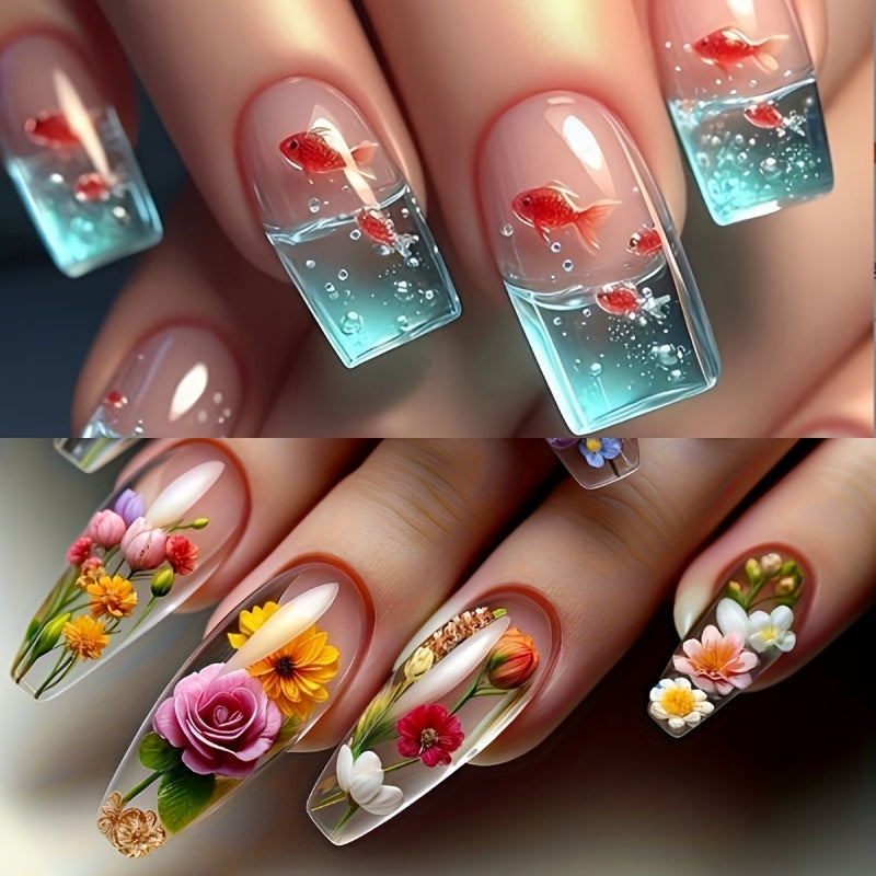 TEMU 48pcs 3d Goldfish And Press On Nails - Square Medium Length False Nails For Women S And Summer, Glossy Finish With Jelly Glue & Nail File,