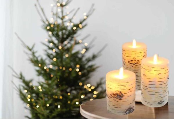 Flameless Set of D 3 x H 4 5 6 Birch Bark Real Wax Pillars Moving Flame Wick LED Candles with Remote Control Y240815