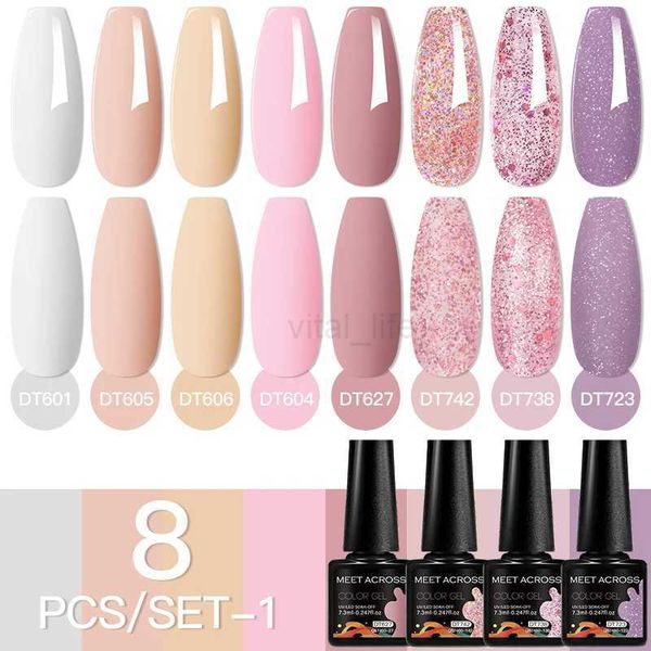 MEET ACROSS 8PCS 7.3ML Gel Nail Polish Set Glitter Spring Summer Semi Permanent UV Gel Vernis Long Lasting Nail Art ManicureCL240711