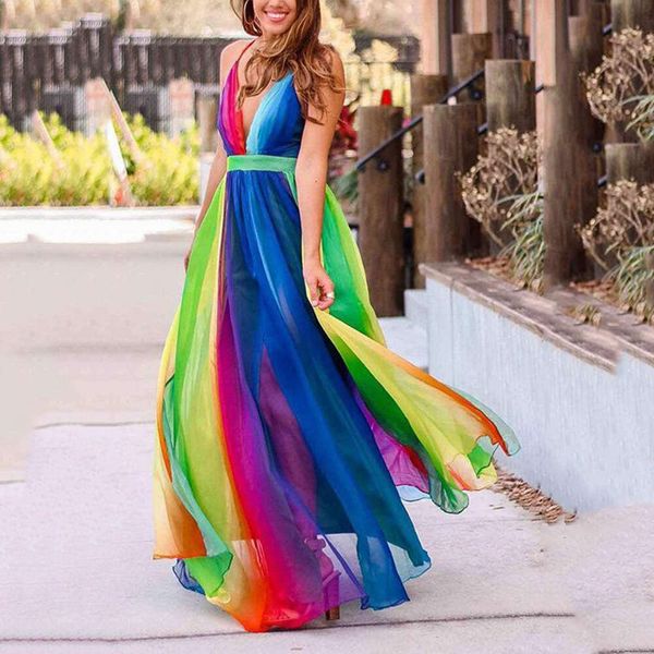 Primaveraverão European Beauty Sexy Deep V Rainbow Chiffon Strap Dress 2024 Novo estilo Roupas elegantes únicas