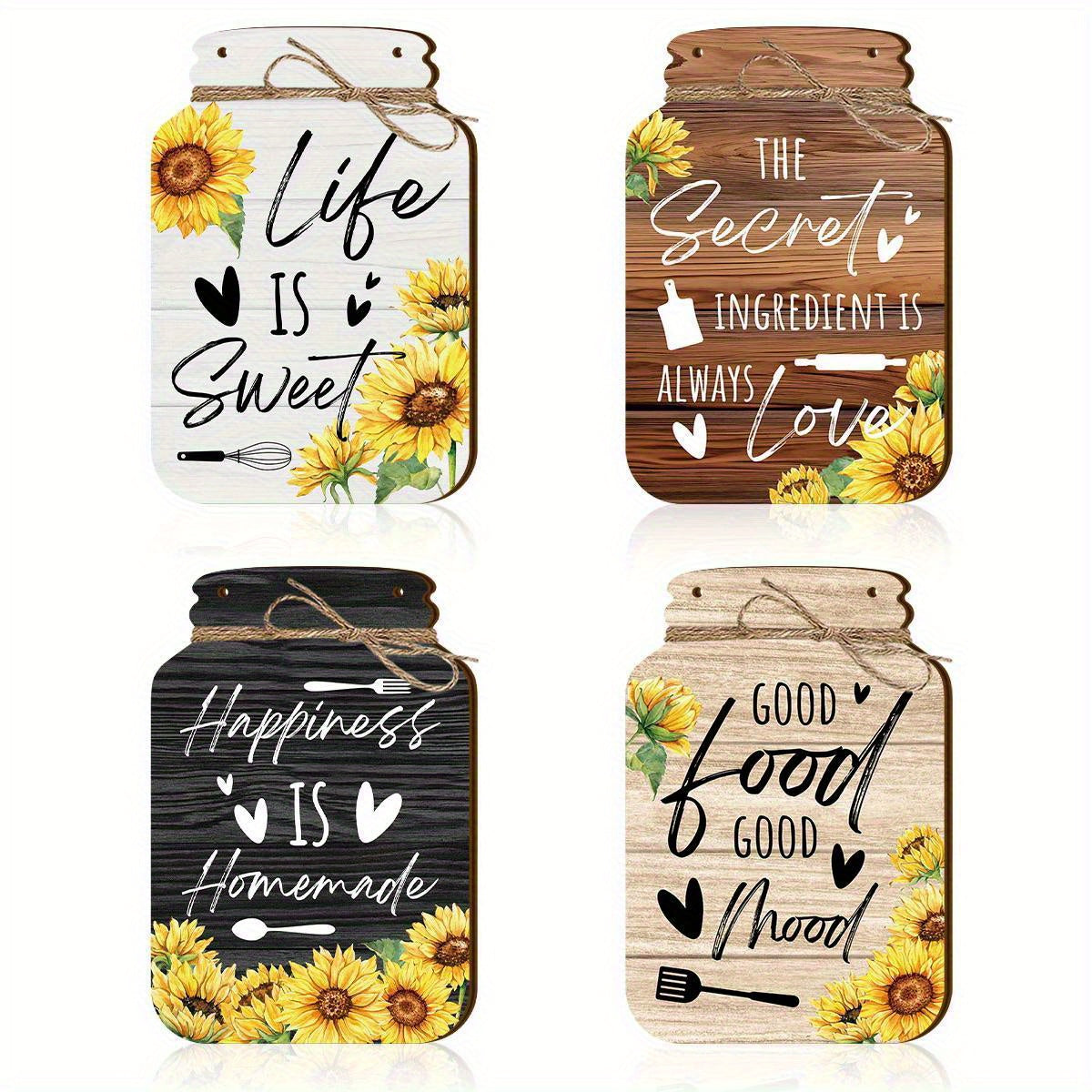 TEMU 4pcs Kitchen Wall Decor Mason Jar Set Large Wooden Mason Jar Wall Art Logo Rustic Country Home Decor Inspirational Sunflower Farmhouse Logo