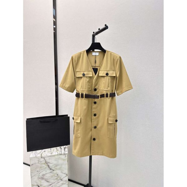 2024 Women&#039;s Clothing High Quality Vintage V-Neck Multi-Pocket Khaki Cotton Metal Buckle Belt Work Dress Spring Summer New