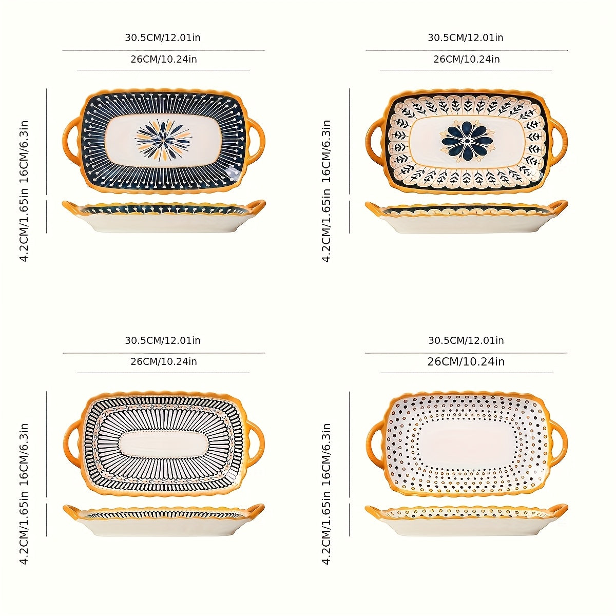 TEMU 4pcs Ceramic Rectangular Plates With Double Handles - 12 Inch Creative Fish & , For Pasta, Baking, Serving - Durable Kitchen & Restaurant