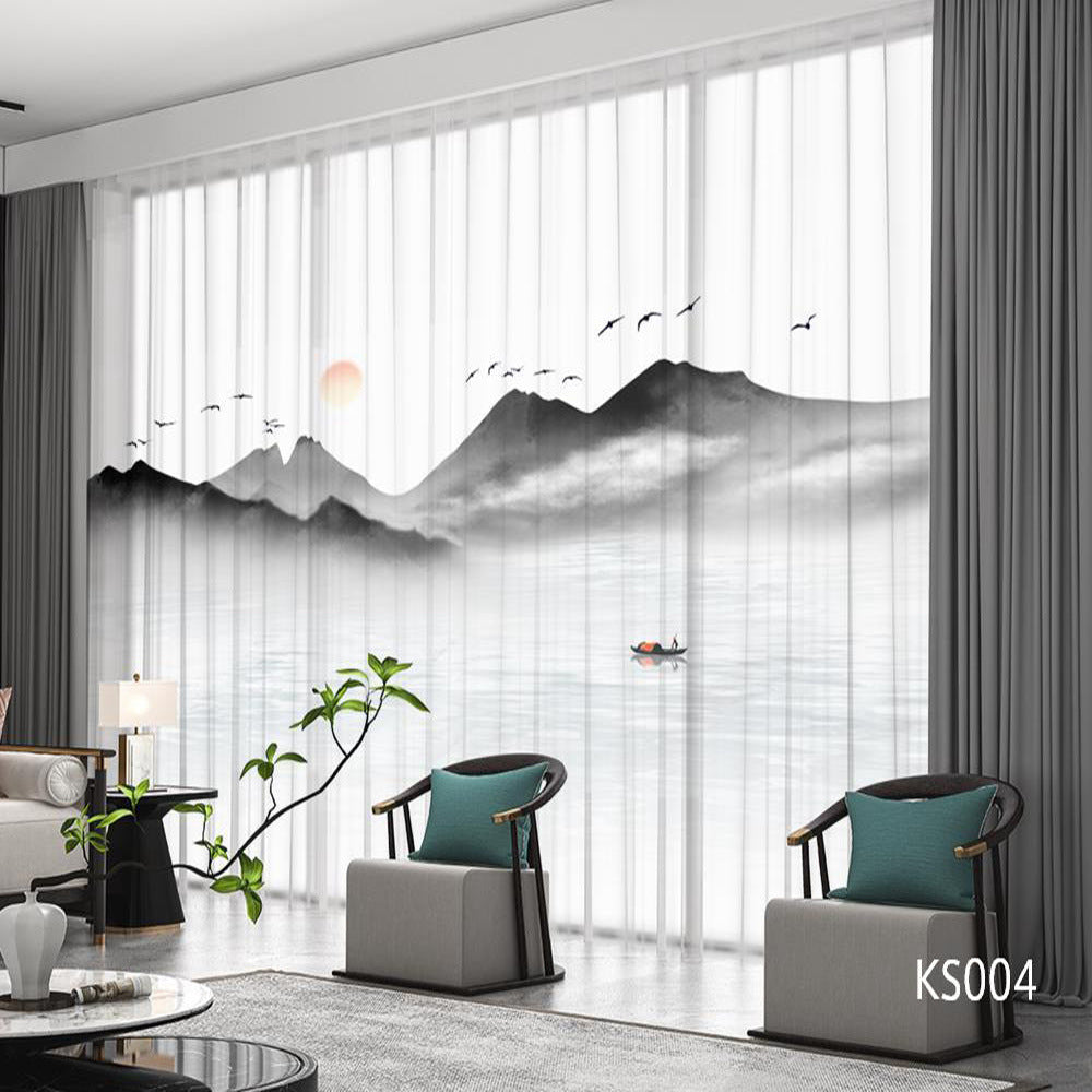 YL-36674 Modern New Chinese Style Ink Painting Landscape Living Room Study High-end Bedroom Famous Hotel Curtain Zen Gauze Curtain