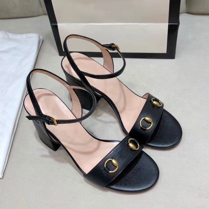Summer sandals leather women&#039;s designer high heels thick-soled casual fashion black one-word buckle belt fairy style office shoes