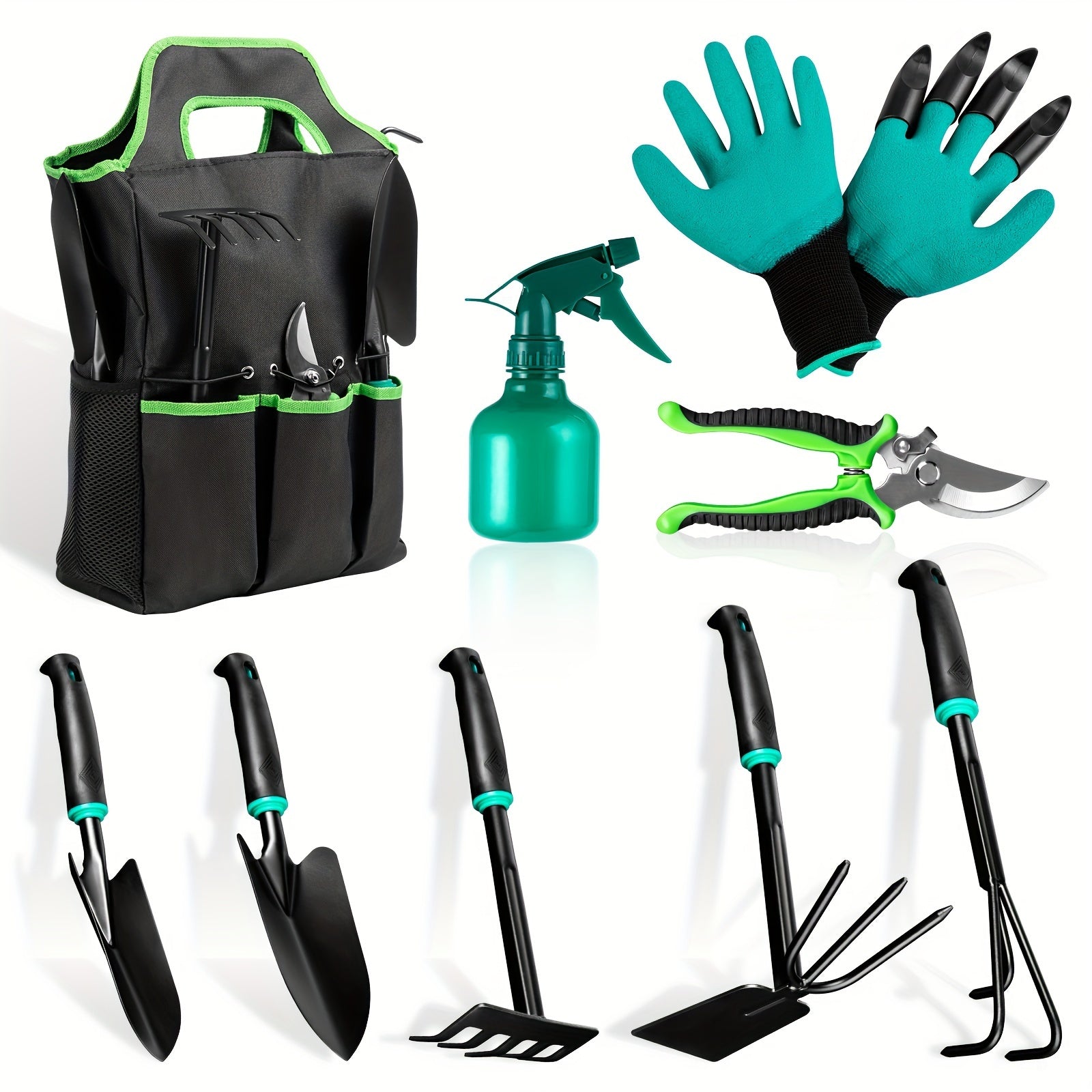 TEMU 9pcs Garden & Bonsai Care Tool Kit With Ergonomic Trowel, 2-in-1 Hoe-rake, Non-slip Shears, Claw Gloves, And Sprayer Bottle - Stainless Steel In