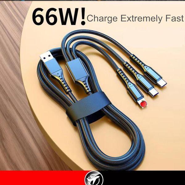High-quality 66W One-to-three 6A Super-Fast Charging Is Suitable For Android TYPE-C Apple Braided Three-in-one Mobile Phone Data.