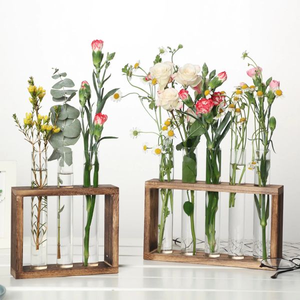 Vases est Arrival Hydroponic Plants Container with Wood Frame Clear Glass Test Tube Vase for Home Decoration 231117