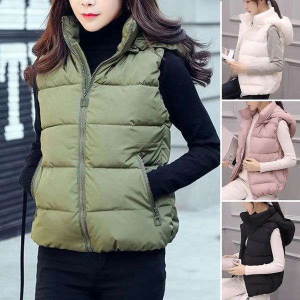 Sleeveless Stand Collar Slant Pockets Zipper Vest Overcoat Women Winter Removable Hat Warm Cotton Padded Waistcoat Outerwear 250110