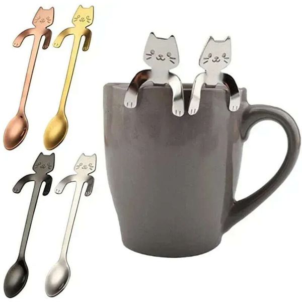 Cat-Shaped Coffee Tea Stainless Spoons Steel With Long Handles, Creative Mini Cat Spoon Drinking Tools For Kitchen And Tableware