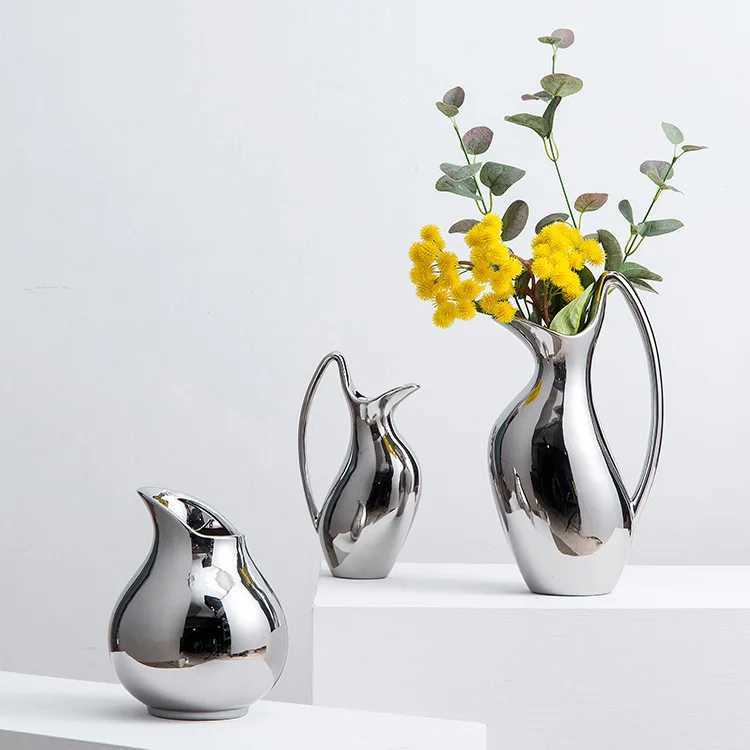 Creative Silver Pot Shaped Ceramic Vase Living Room Decoration Ornament Flower Arrangement Home Decoration Handicraft Y250603