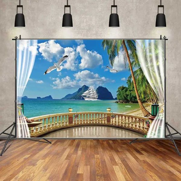 Background Material Ocean Beach Holiday Backdrop for Photography Tropical Palm Tree Ship Boat Background Curtain Viewing Platform Decoration