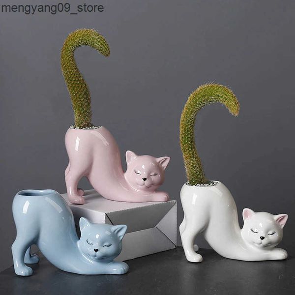 Vases Cartoon Cat Flower Pot Vase Cute Cat Tail Succulent Planting Pot Porcelain Flower Vase Flowerpot Home Decoration Accessories J241210