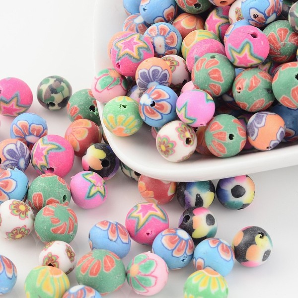 Handmade Flower Pattern Polymer Clay Round Beads