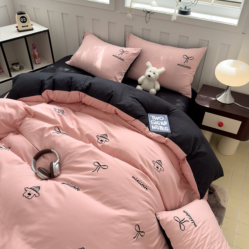 Ins Style Gir Fitted Sheet Bow Towel Bedding Set Embroidery Washed Cotton Four-piece Set Bed Sheet Three-piece