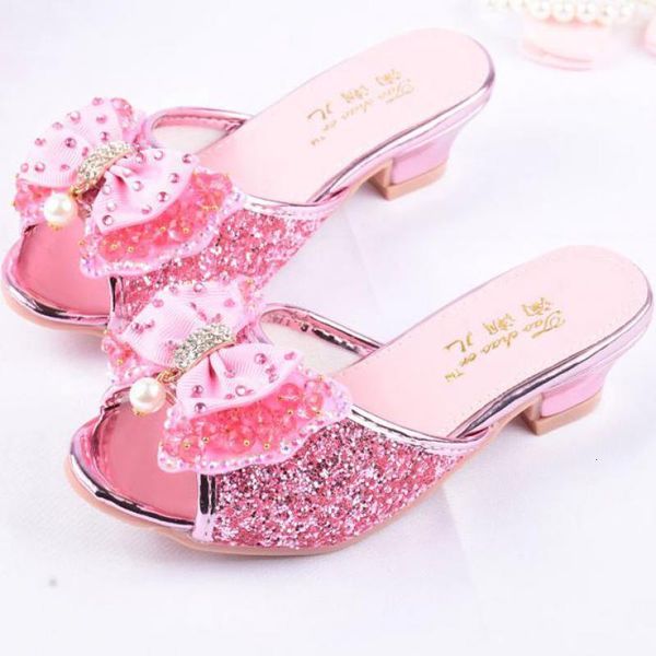 Girls Summer Sandals Sequined Princesse Children High Heel Party Dress Shoes Leather Slipper For Kids Slides