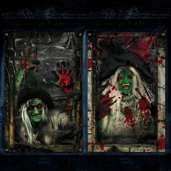 2 Pcs Scary Halloween Curtain Halloween Window Silhouette Decoration Blood Halloween Horror Halloween Window Poster fo(Witch) Y240817
