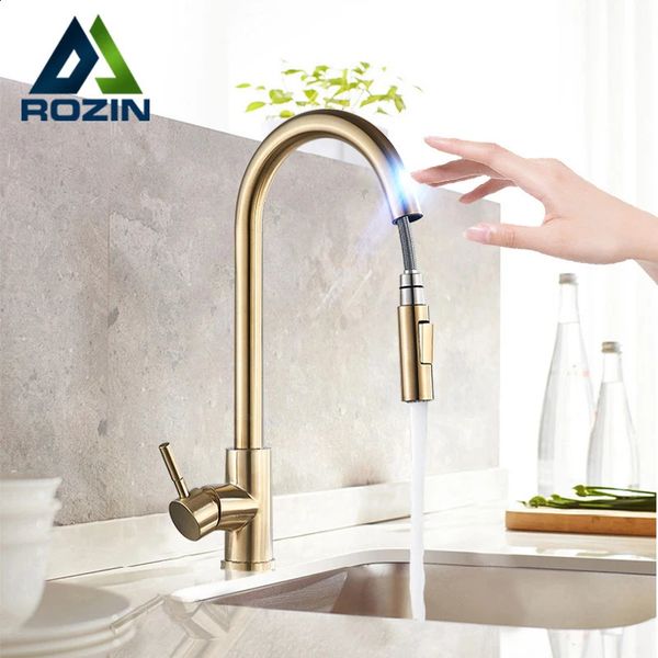 Rozin Smart Touch Kitchen Faucet Brushing Gold Pull Out Sensor BlackNickel 360 Rotating Crane 2 Outlet Blender 240830