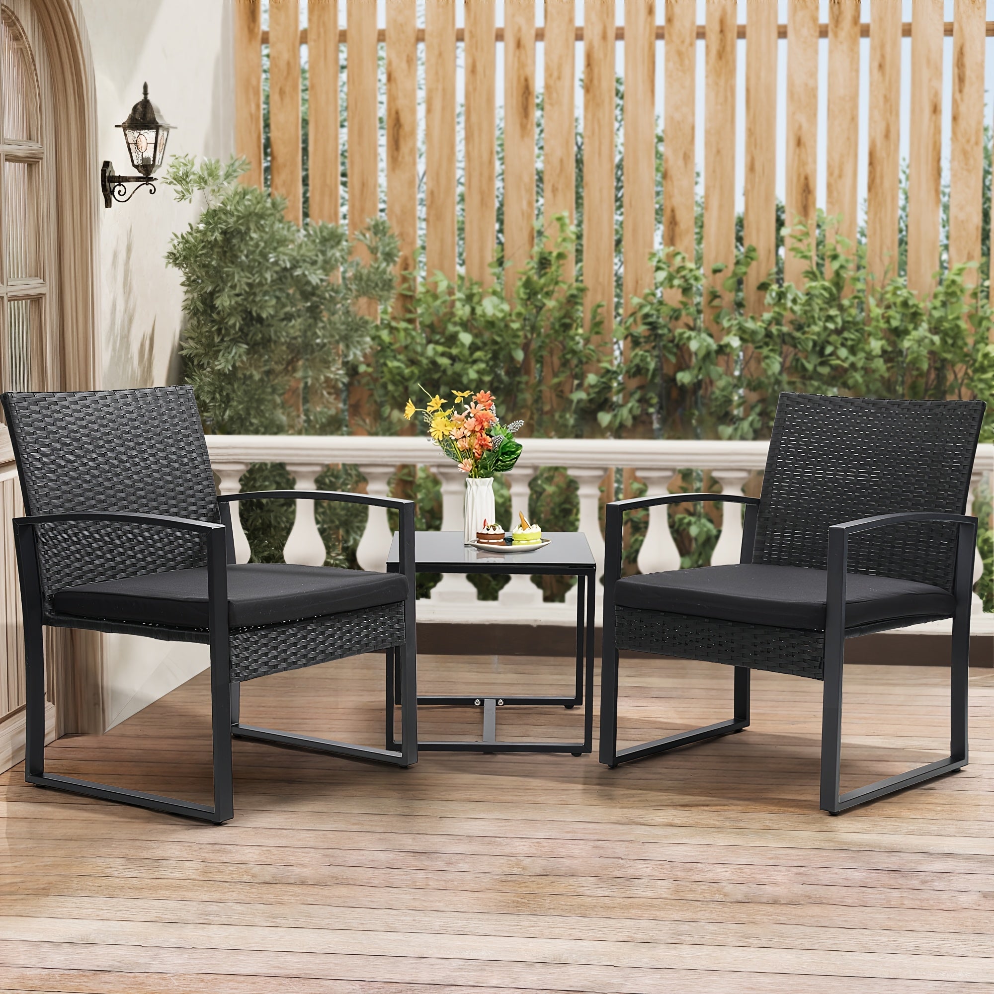 TEMU 3pcs Outdoor Patio Furniture Set With Tempered Glass Table & Wicker Bistro Set - Black Durable Metal Frame, Thick Cushions - , Balcony, Small -