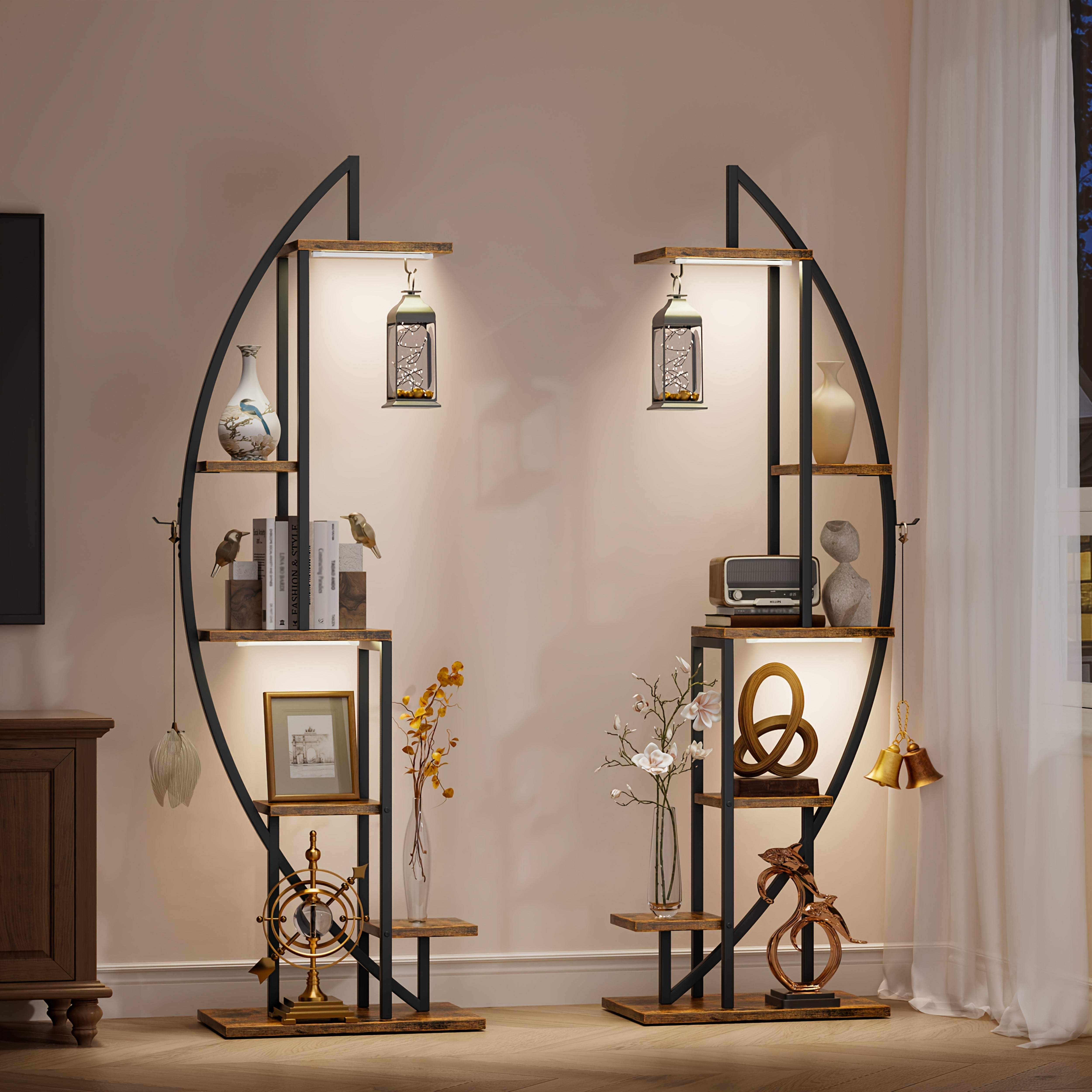 TEMU Magazine Holders With Lights, 2pcs Corner Shelf Stand, 63" Tall Large Metal Bookshelf, 6-tier Narrow Bookcase For Collectibles, Half-moon Modern