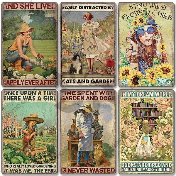 High Quality Garden Decoration Retro Metal Tin Logo Cat Dog Sunflower Girl Metal Plate Flower Shop Manor Living Room Wall Decoration T250118