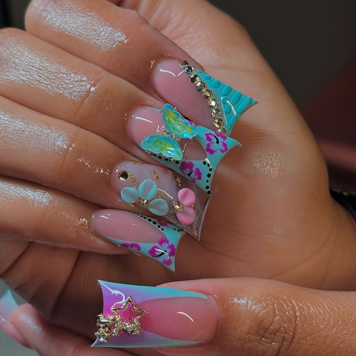 TEMU 24pcs Y2k -on Nails, Mixed , Long Duckbill Shape, Glitter & Animal Pattern, Glossy Finish, 3d & , Star Rhinestones, Gradient Dots, Includes Nail