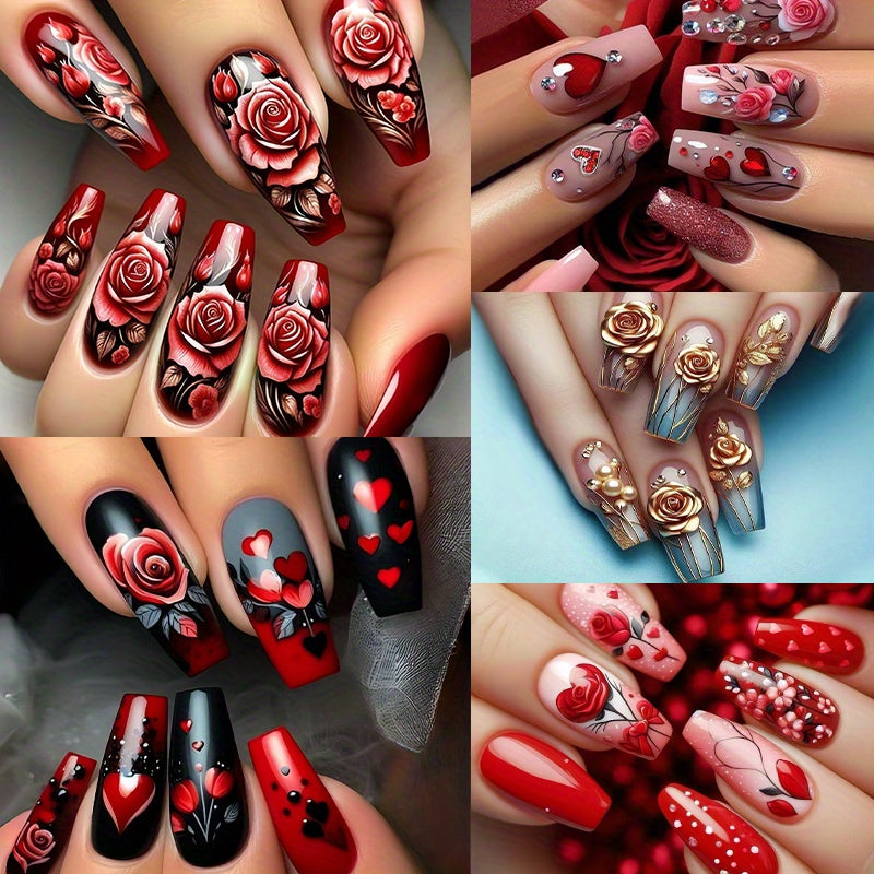 TEMU 120pcs (5pack) Pressing Nail Set - Romantic Rose, Heart, And Cupid Design, Glossy Surface, Medium , Mixed Colors, Removable Nail Slices
