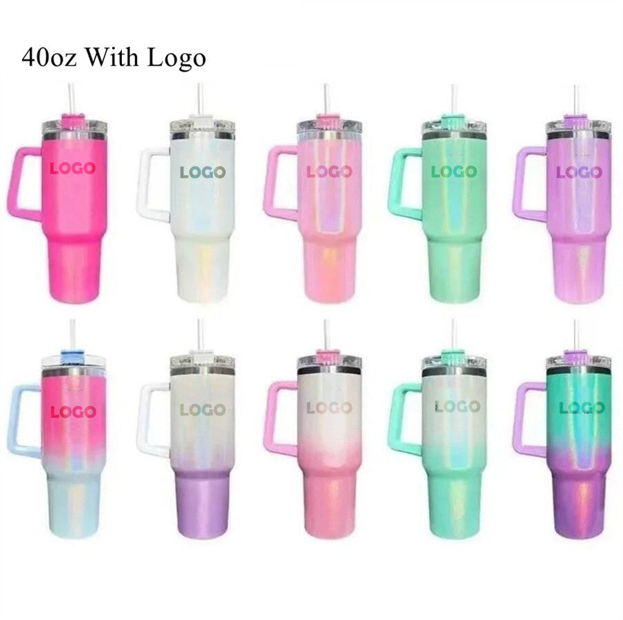 40oz Glitter Tumblers Cups with Logo Handle and Straws Reusable Insulated Car Mugs Stainless Steel Sublimation Tumbler big capacity Water Bottles 12