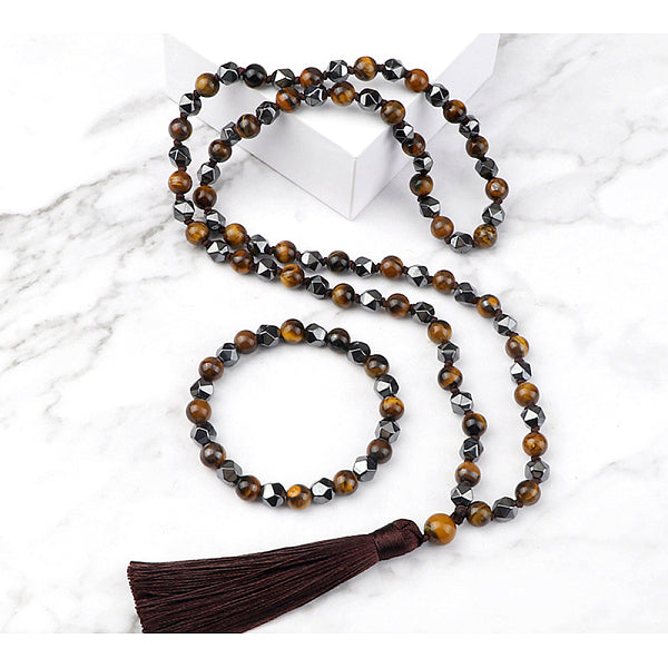 Conjuntos de collares y pulseras con colgantes de cuentas redondas de hematita natural