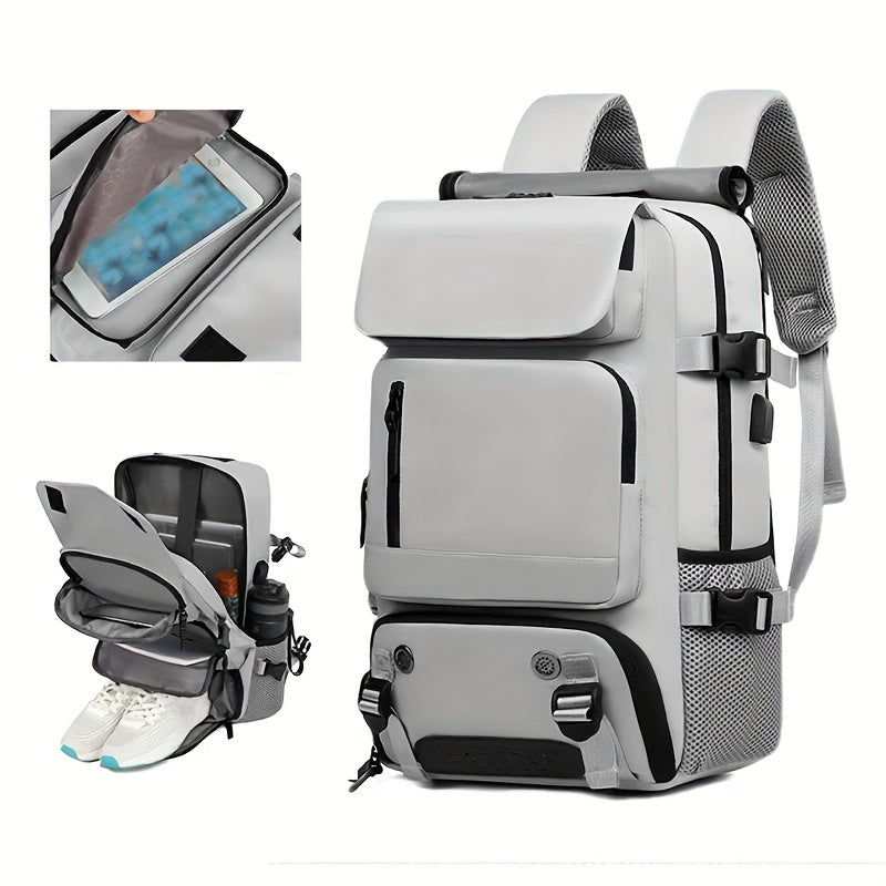 TEMU Airline Approved 15 Inch Women's Laptop Travel Backpack, Light Blue Polyester Fiber, With Adjustable Shoulder Straps, Shoe Box, And Usb Charging