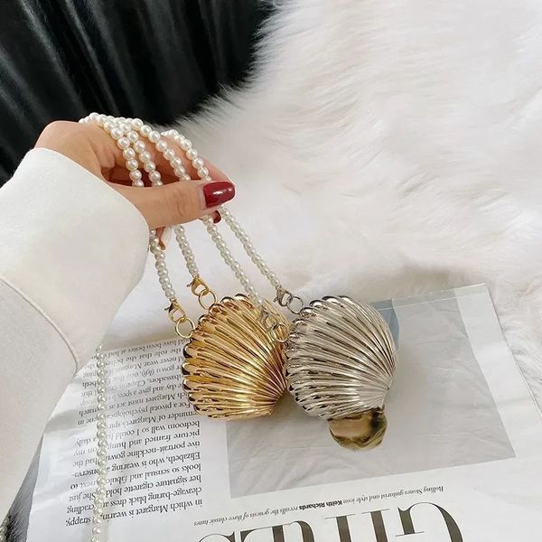 2024 Summer Lipstick Bags for Women Fashion Pearl Mini Purse Crossbody Bag High Quality Gold Shell Shoulder 240903