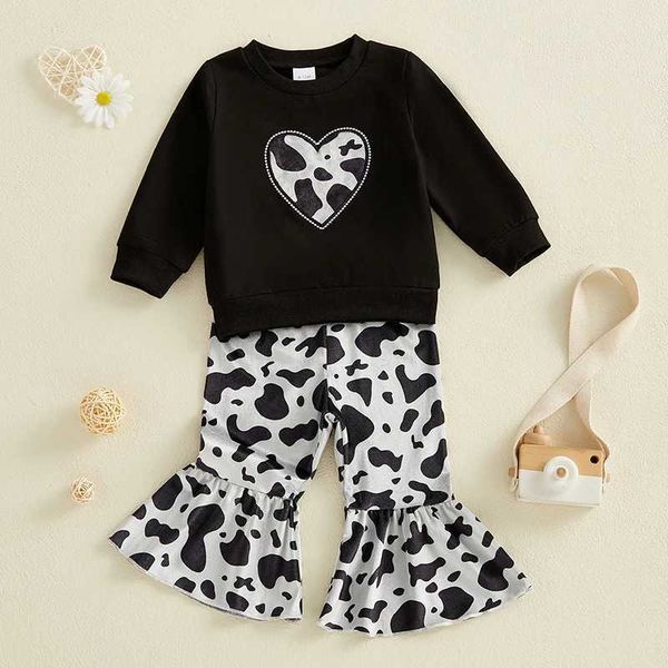 1-4 Year Childrens Baby Girls Autumn Clothing Set Long Sleeve Heart Pattern Sports Shirt and Denim Printed Flared Pants 2-piece Set Y250111