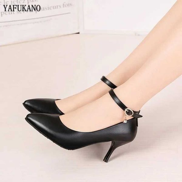 2025 New Soft Leather High H Black Matte Cfort Ankle Strap Pumps OL Off Lady Shoes Wan Dress Shoes Z250121