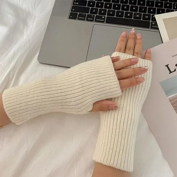 Solid Half Finger Gloves for Women Winter Soft Warm Wool Knitting Arm Writting Mittens Handschoenen Guantes 241016