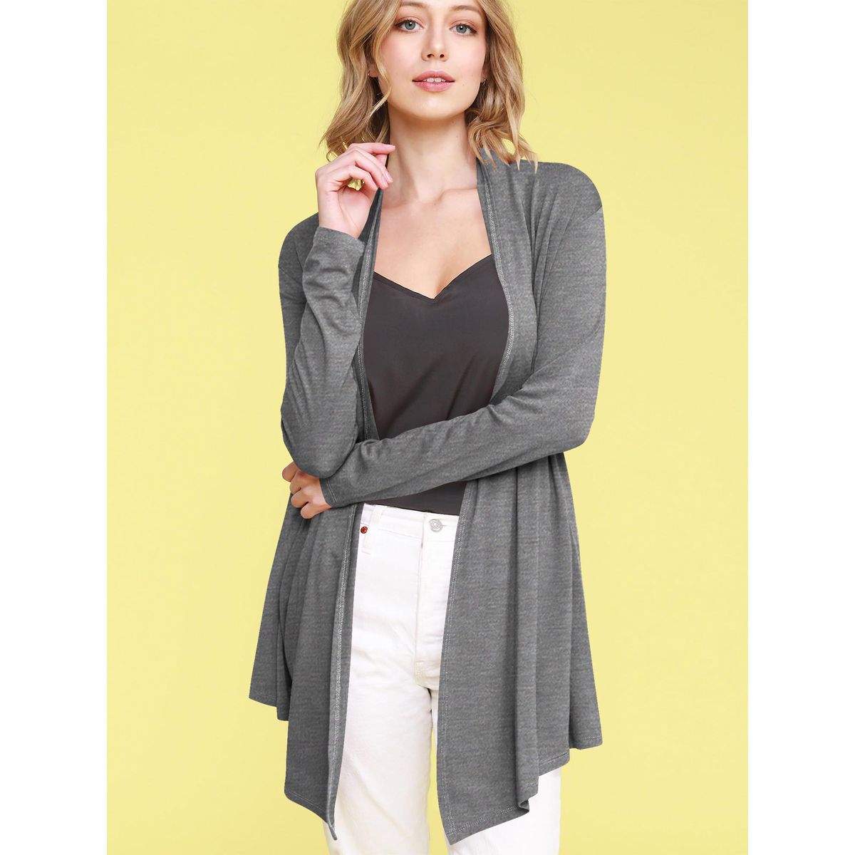 Women's Open Front Knit Cardigan Sweater - HEATHER DARK GREY - L