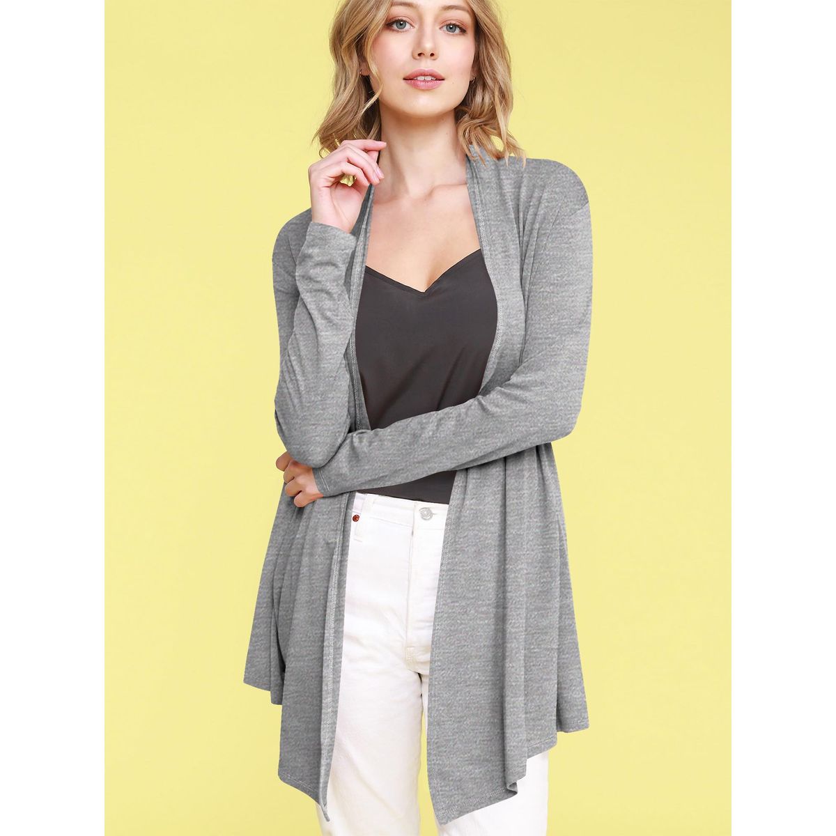 Women's Open Front Knit Cardigan Sweater - HEATHER GREY - 3X