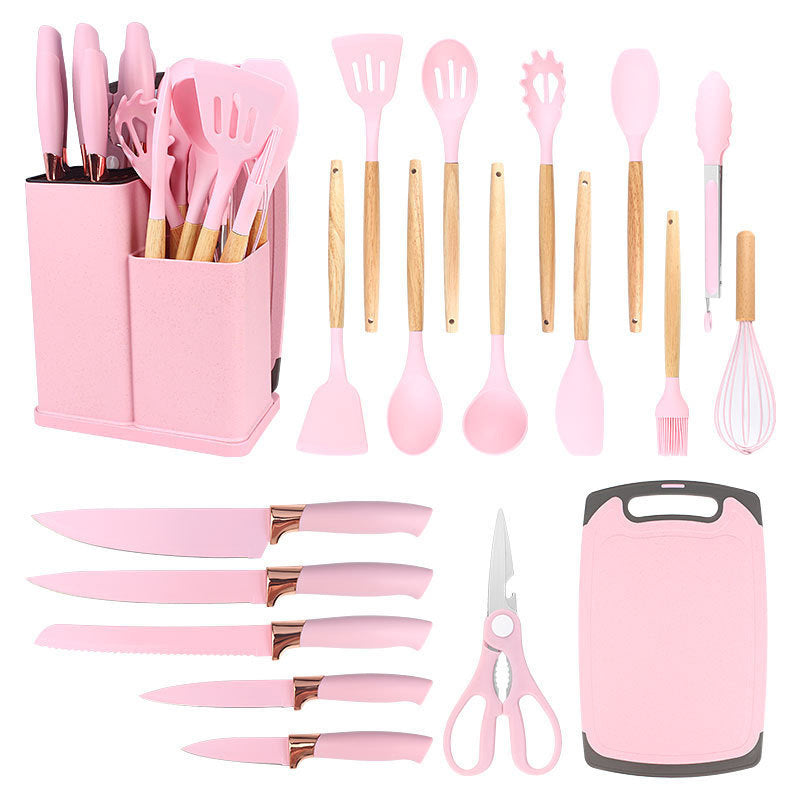 TEMU 19pcss- Set Kitchen Utensils And Knife Set With Block, With 9pcs Silicone Cooking Utensils Set 5pcs Steel Chef Knife Scissors Whisk Tongs And