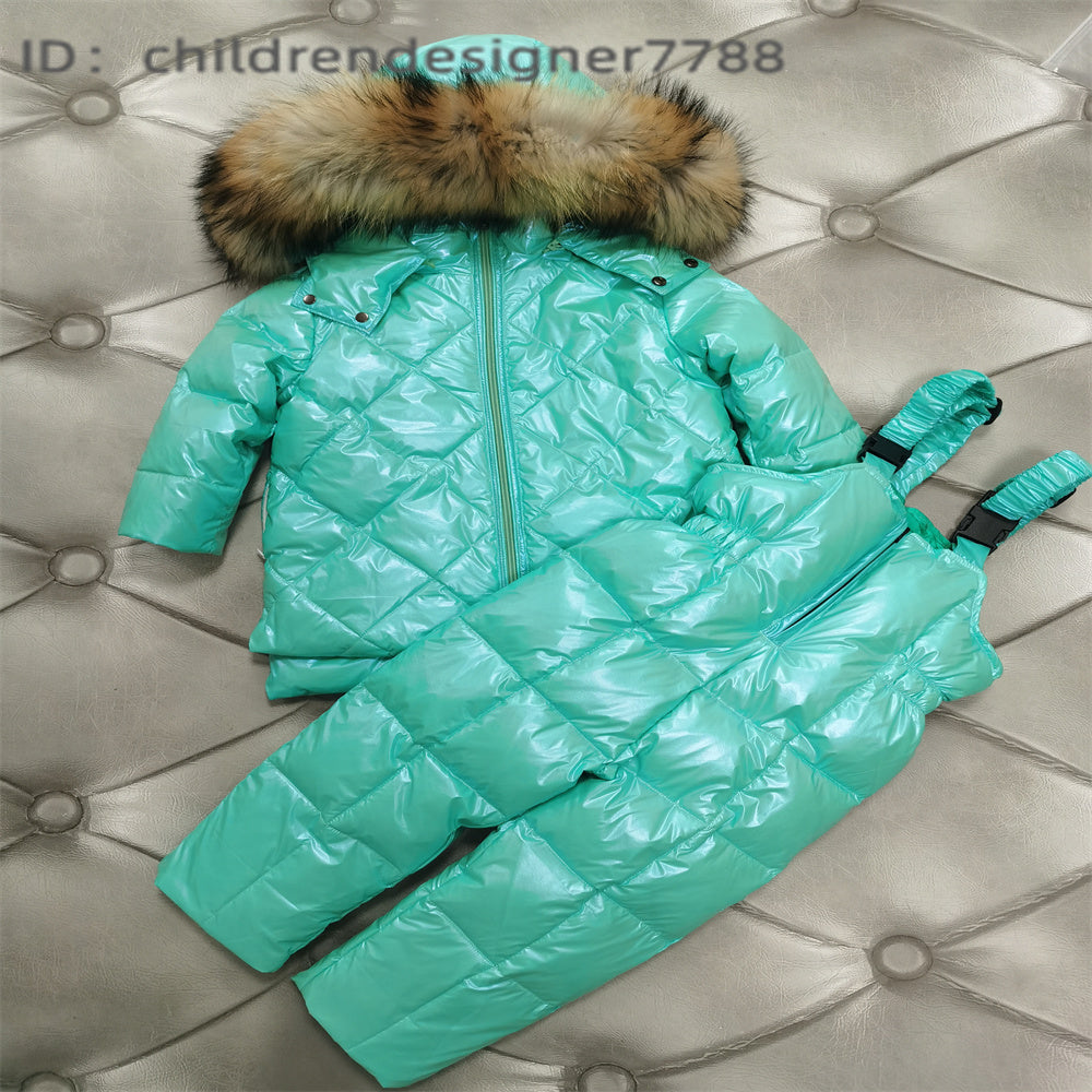 Hot stamping series children&#039;s winter jackets, snow clothes, girls&#039; duck down coats, boys&#039; leather collar coats, children&#039;s sets