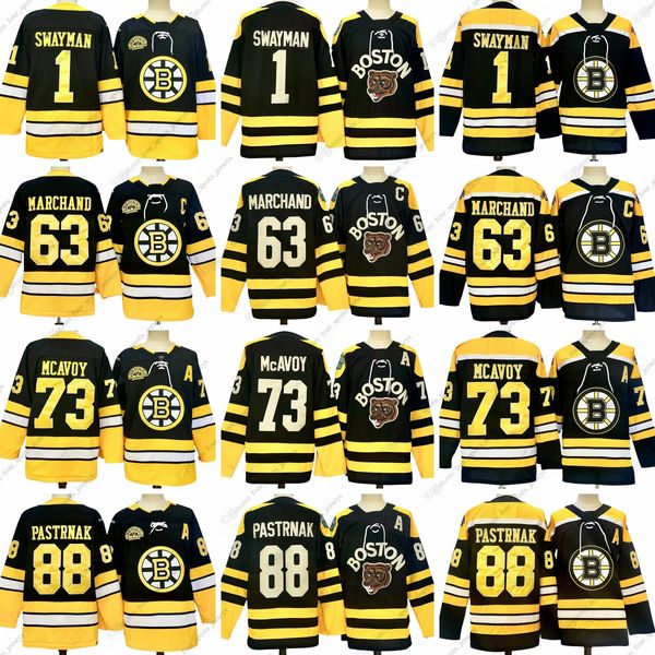 2025 New Hockey Jersey Stitched 1 Jeremy Swayman 63 Brad Marchand 73 Charlie Mcavoy 88 David Pastrnak foursports 1616